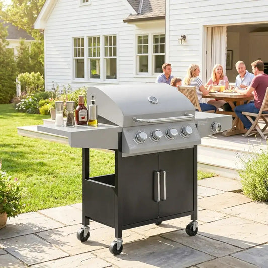 Outsunny 4‑Burner Gas BBQ Grill with Side Burner & Storage - Silver | 846‑102V70SR - BBQs & Grills