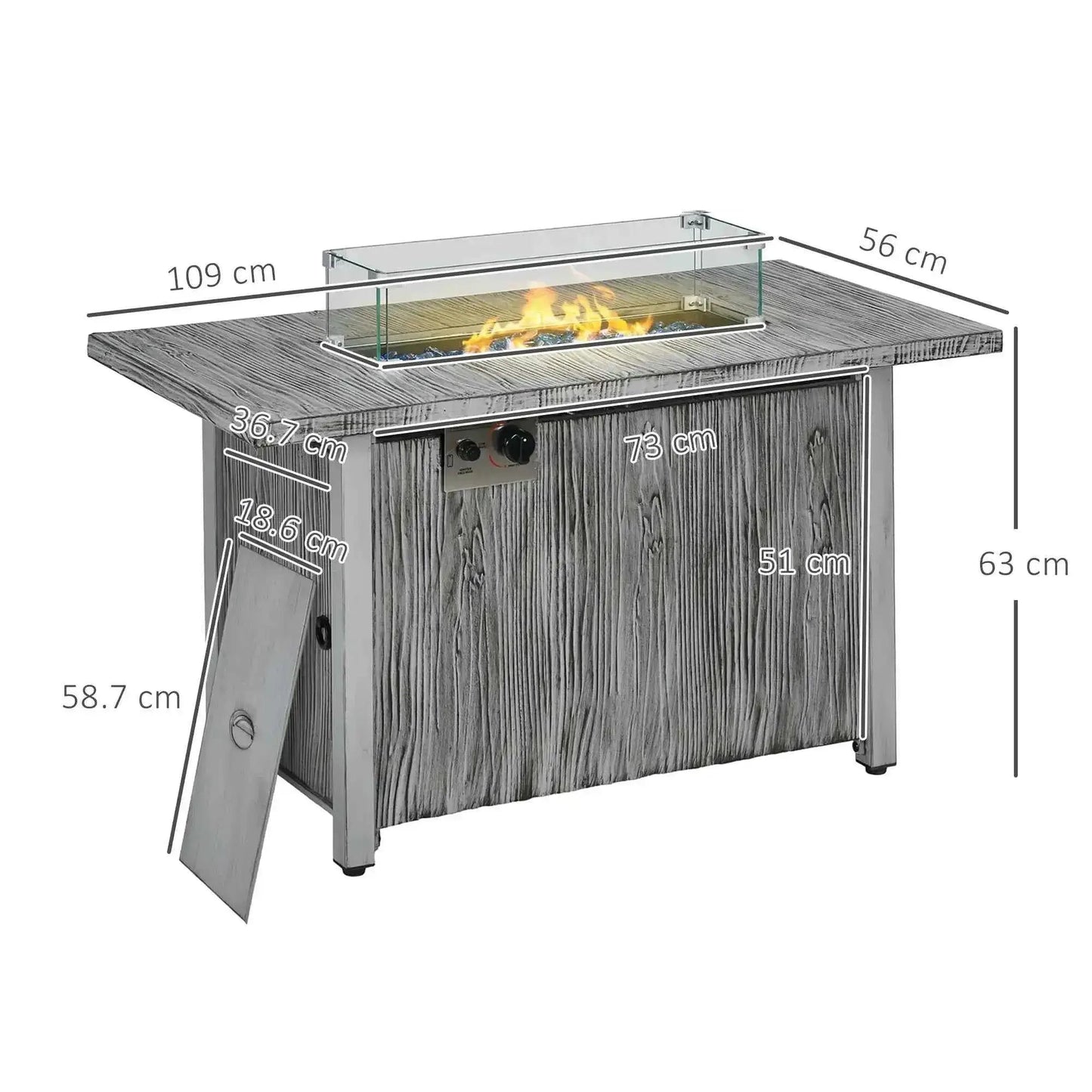 Outsunny gray wood-grain outdoor fire table with glass-enclosed 50,000 BTU gas flame and protective cover