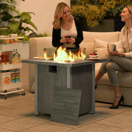 Outsunny 50,000 BTU dark grey gas fire pit table with gray wood grain, glass-top flame feature, and side storage compartment