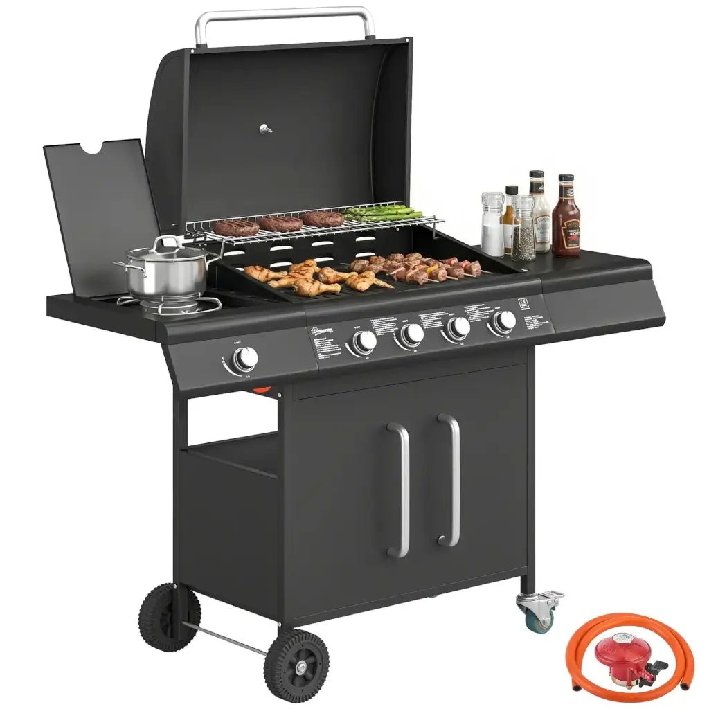 Outsunny 5‑Burner Gas BBQ Grill with Side Burner & Storage Cabinet - Black | 846‑184V70BK - BBQs & Grills