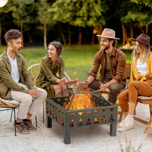 Outsunny 66cm Outdoor Fire Pit with Screen Cover, Wood Burner, Log Burning Firepit Bowl with Poker for Patio, Backyard, Black 842 - 232 - Garden & Outdoor