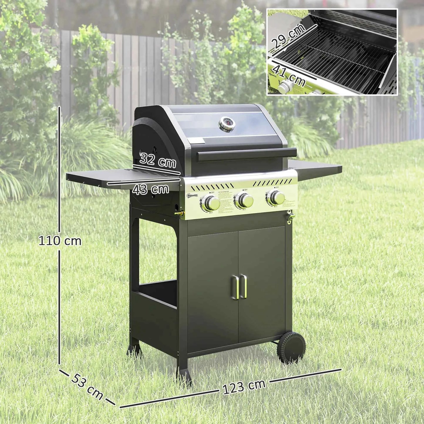 Outsunny 7.5kW 3-Burner Gas BBQ Grill w/ Window Lid - Black | 846-140V71BK
