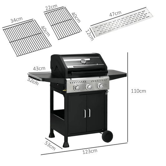 Outsunny 9kW Three - Burner Gas BBQ Grill, with See - Through Lid - Black 846 - 140V70BK - Garden & Outdoor