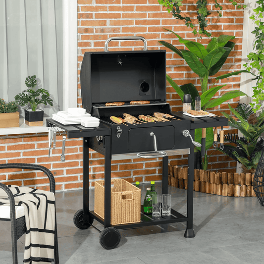 Outsunny Adjustable Charcoal Pan BBQ, with Thermometer and Warming Rack 846 - 135V00BK - Garden & Outdoor