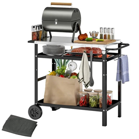 Outsunny BBQ Trolley with Stainless Steel Top Adjustable Shelf, Outdoor Kitchen BBQ Station with Hooks Seasoning Tray Towel Rack, Pizza Oven Table Movable Outdoor Grill Dining Cart with Cover, Black 846 - 155V00BK - Garden & Outdoor