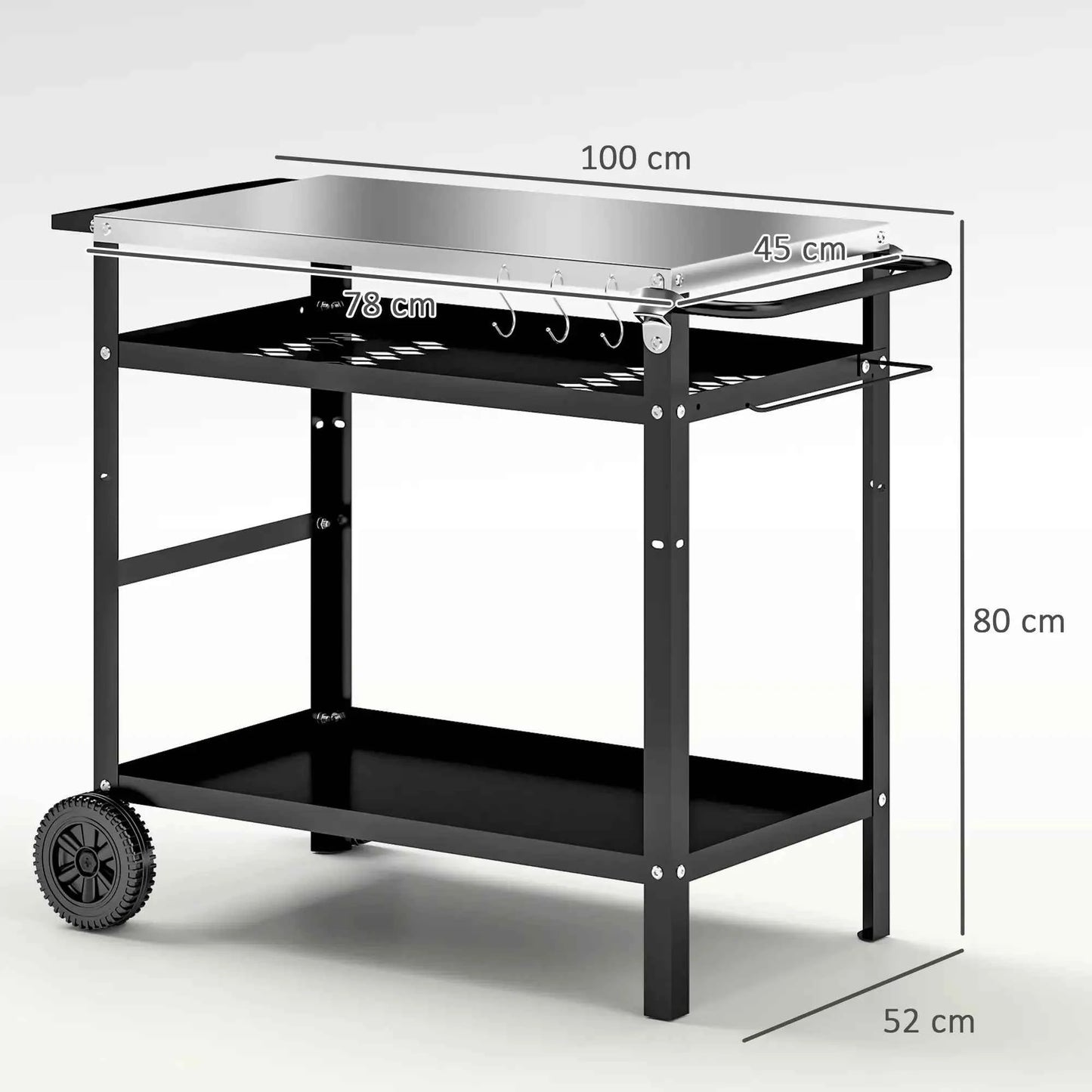 Outsunny black metal barbecue cart with stainless steel top, hooks, wheels, and adjustable shelf for outdoor grilling