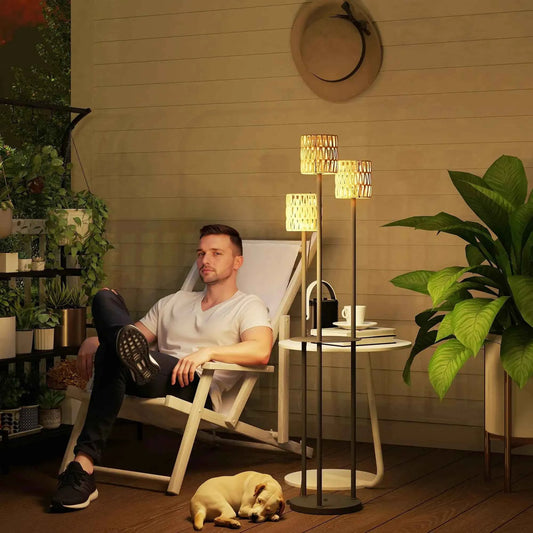 Outsunny 3-Light Solar Rattan Floor Lamp with Shelf, Auto On/Off, Yellow | 867-269V00YL