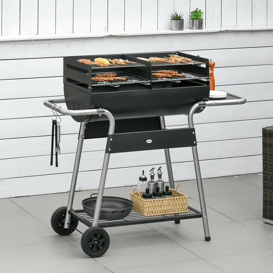 Outsunny Charcoal Barbecue Grill BBQ Trolley with Double Grill, Side Table, Storage Shelf, and Wheels for Outdoor Cooking, 130 x 51 x 111cm, Black 846 - 107V00BK - Garden & Outdoor