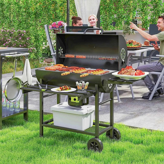 Outsunny Charcoal Barrel BBQ Grill – Foldable Shelf, Smoker, Wheels, Black | 846-176V00BK