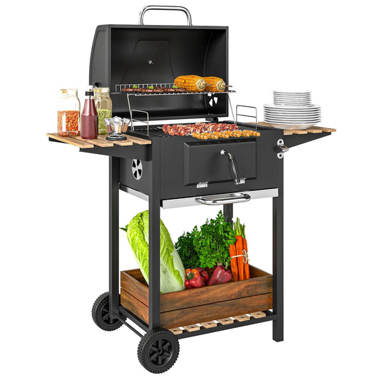Outsunny Charcoal BBQ Grill – Adjustable Pan, Smoker, Shelves, Wheels | 846 - 170V00BK - BBQs & Grills