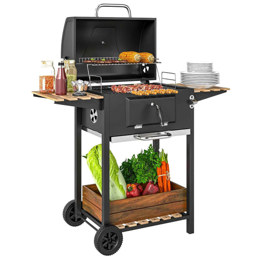 Outsunny Charcoal BBQ Grill – Adjustable Pan, Smoker, Shelves, Wheels | 846-170V00BK