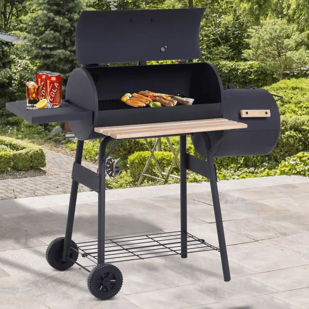 Outsunny Portable Charcoal BBQ Grill, Cold - rolled Steel, Solid Wood, 104H x 124L x53W cm - Black 846 - 036 - Garden & Outdoor