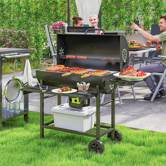 Outsunny Charcoal BBQ Grill – Foldable Shelf, Smoker, Wheels, Black | 846 - 176V00BK - BBQs & Grills
