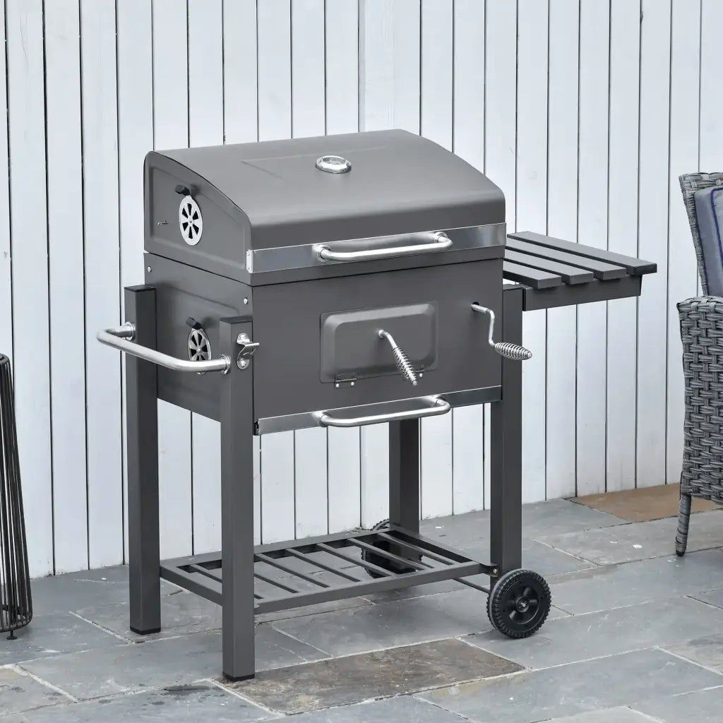 Outsunny Charcoal Grill BBQ Trolley with Adjustable Charcoal Grate, Garden Metal Smoker Barbecue with Shelf, Side Table, Wheels, Built - in Thermometer, Bottle Opener 846 - 013 - Garden & Outdoor