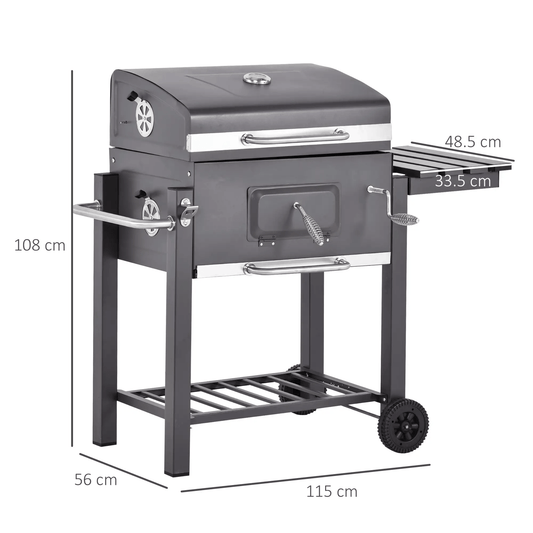 Outsunny Charcoal Grill BBQ Trolley with Adjustable Charcoal Grate, Garden Metal Smoker Barbecue with Shelf, Side Table, Wheels, Built - in Thermometer, Bottle Opener 846 - 013 - Garden & Outdoor