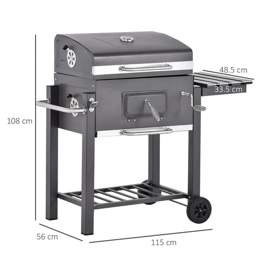 Outsunny Charcoal Grill BBQ Trolley with Adjustable Charcoal Grate, Garden Metal Smoker Barbecue with Shelf, Side Table, Wheels, Built - in Thermometer, Bottle Opener 846 - 013 - Garden & Outdoor