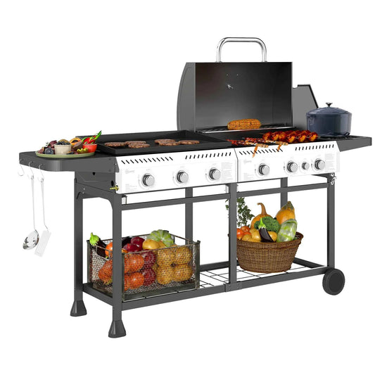 Outsunny Deluxe Duo Gas 6+1 Burner BBQ, Plancha, Side Burner - Black | 846-137V71BK