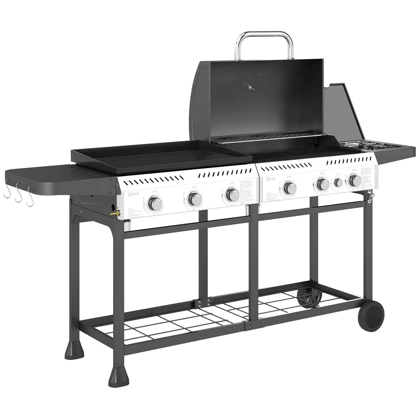 Outsunny Deluxe Duo Gas 6+1 Burner BBQ, Plancha, Side Burner - Black | 846-137V71BK
