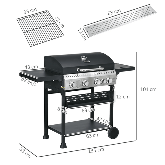 Outsunny Five - Burner Steel Gas Grill, with Thermometer - Black 846 - 136V70BK - Garden & Outdoor