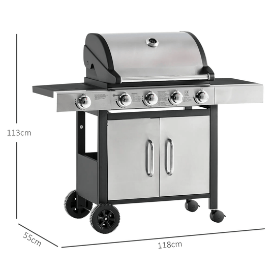 Outsunny Gas Barbecue Grill 4+1 Burner Garden Smoker BBQ Trolley w/ Side Burner Warming Rack Side Shelves Storage Cabinet Piezo Ignition Thermometer Stainless Steel + Metal 846 - 066 - Garden & Outdoor