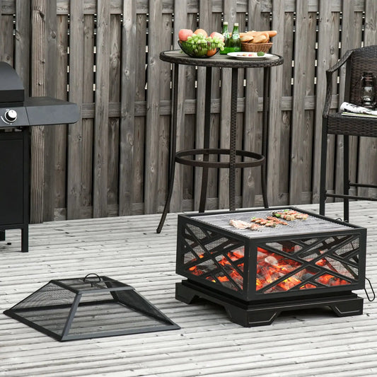 Outsunny Metal Firepit Outdoor 2 in 1 Square Fire Pit Brazier w/ Grill Shelf, Lid, Poker for Backyard, Camping, BBQ, Bonfire, Wood Burning Stove, 66 x 66 x 66cm, Black 842 - 174 - Garden & Outdoor