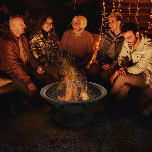 Outsunny Metal Large Firepit Bowl Outdoor Round Fire Pit Brazier w/ Lid, Log Grate, Poker, Elegant Scrolls for Backyard, Camping, Bonfire, Wood Burning Stove, 76 x 76 x 50cm, Black 842 - 143 - Garden & Outdoor