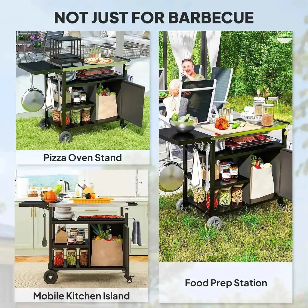Outsunny outdoor bbq trolley black mobile kitchen cart with foldable side table shelves and storage compartments