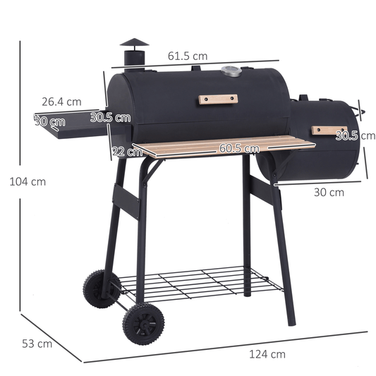 Outsunny Portable Charcoal BBQ Grill, Cold - rolled Steel, Solid Wood, 104H x 124L x53W cm - Black 846 - 036 - Garden & Outdoor