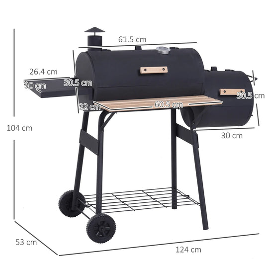 Outsunny Portable Charcoal BBQ Grill, Cold - rolled Steel, Solid Wood, 104H x 124L x53W cm - Black 846 - 036 - Garden & Outdoor