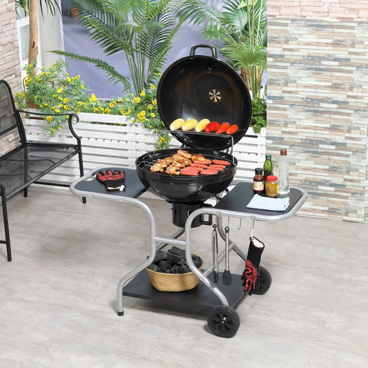 Outsunny Portable Charcoal Kettle Grill Outdoor Barbecue Trolley BBQ Heat Smoker Grilling with 2 Wheels, Storage Shelf and 4 Hooks, Free Standing, Black 01 - 0561 -