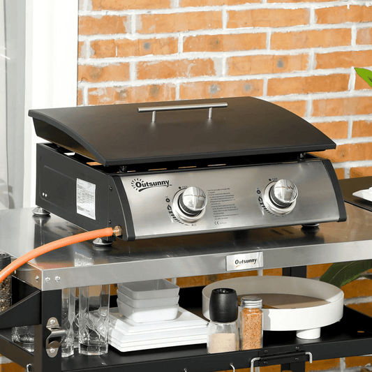 Outsunny Portable Tabletop Gas Plancha Grill w/ 2 Stainless Steel Burner, 10kW, Non - Stick Griddle for BBQ Camping Picnic Party 846 - 108V72SR - Garden & Outdoor
