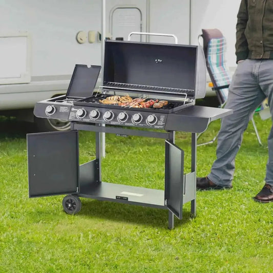 Black seven-burner Outsunny gas BBQ grill with multiple control knobs, metal frame, and side storage shelves in grey