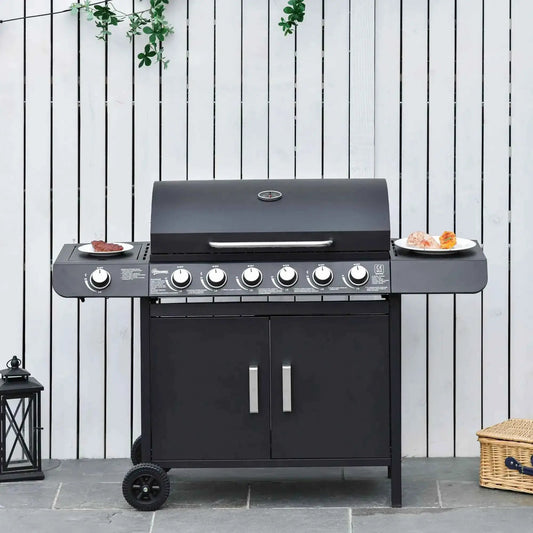 Outsunny Seven Burner Gas Grill, with Integrated Thermometer and Storage - Black| 846-065V70