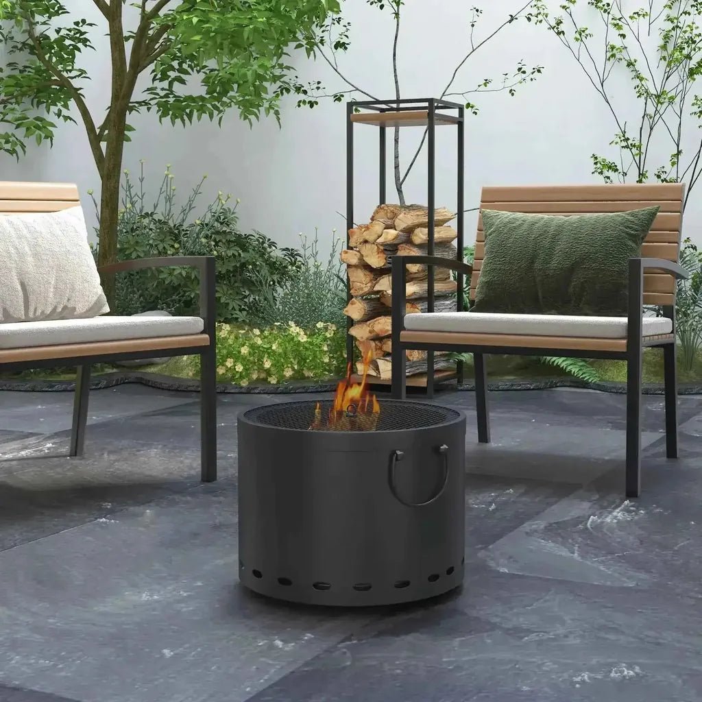 Outsunny smokeless portable fire pit in dark grey metal with handle ventilation holes spark screen and poker included