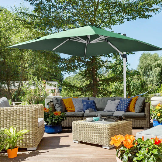 Outsunny Square Cantilever Garden Parasol, with Five - Position Canopy - Green | 84D - 086V00GN - Furniture, Lighting & Decor
