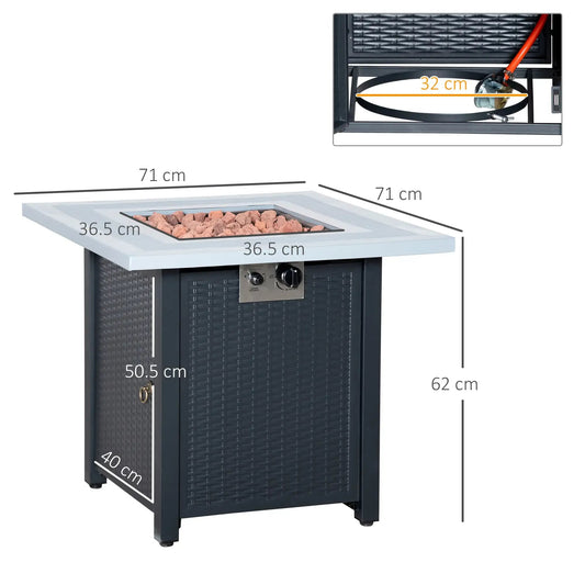 Outsunny Square Propane Gas Fire Pit Table, 40000 BTU Rattan Smokeless Firepit Patio Heater with Lava Rocks and Lid, 71cm x 71cm x 62cm, Black 842 - 253 - Garden & Outdoor