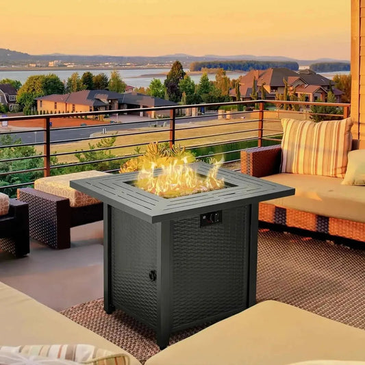 Outsunny square propane gas fire pit table in black with textured woven exterior and glowing flames inside