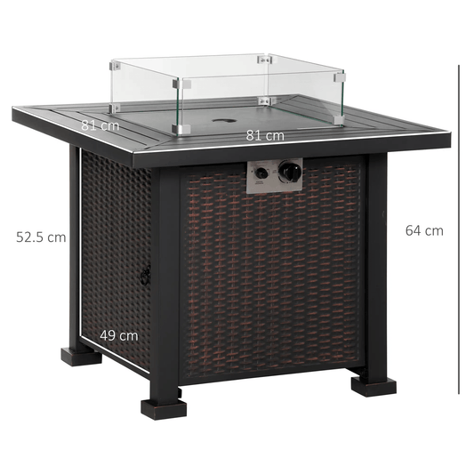 Outsunny Square Propane Gas Fire Pit Table, 50000 BTU Rattan Smokeless Firepit Patio Heater with Glass Screen, Glass Beads and Lid, 81cm x 81cm x 64cm, Black 842 - 252V01SR - Garden & Outdoor