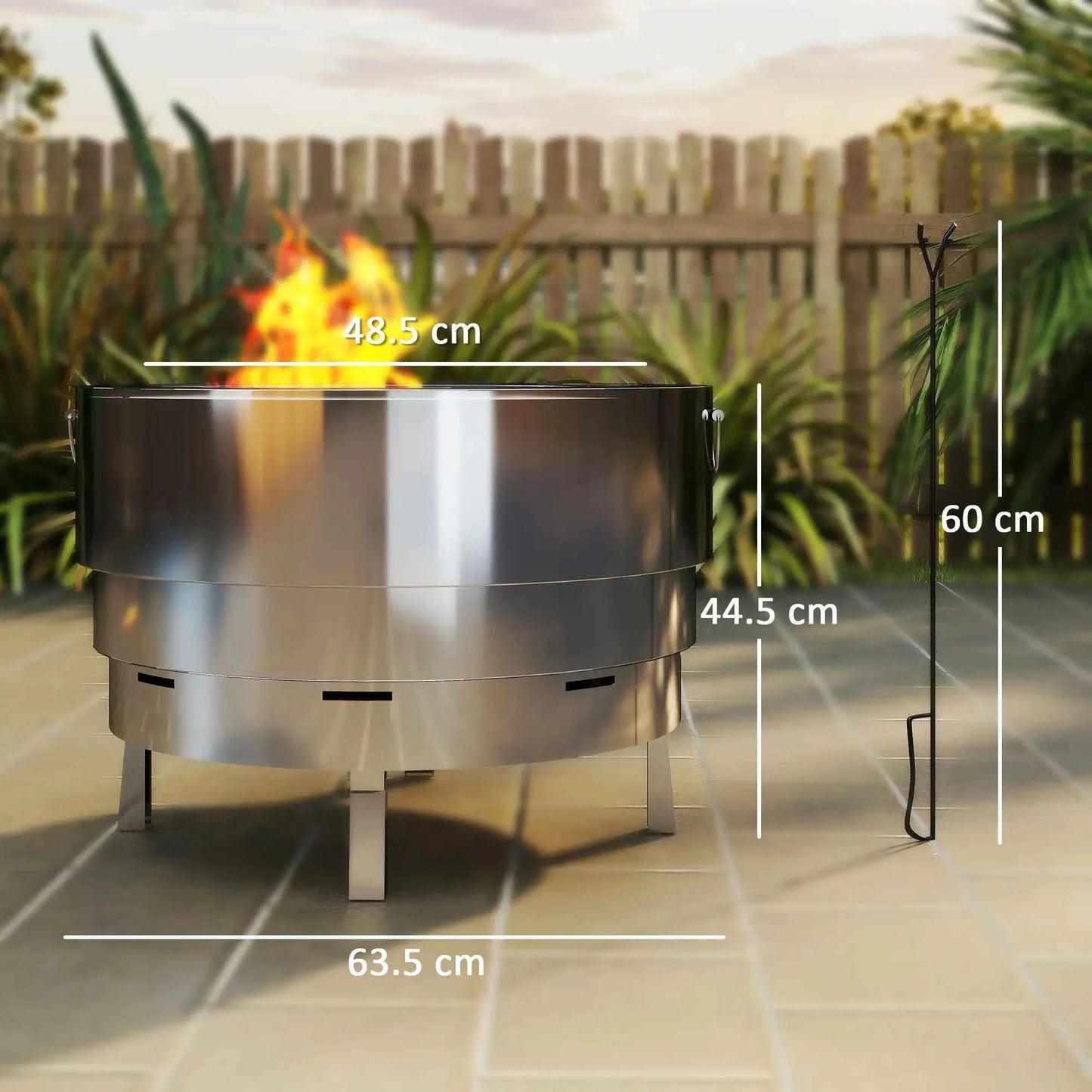 Outsunny stainless steel wood-burning fire pit in silver with cylindrical design, four legs, and dimension markings