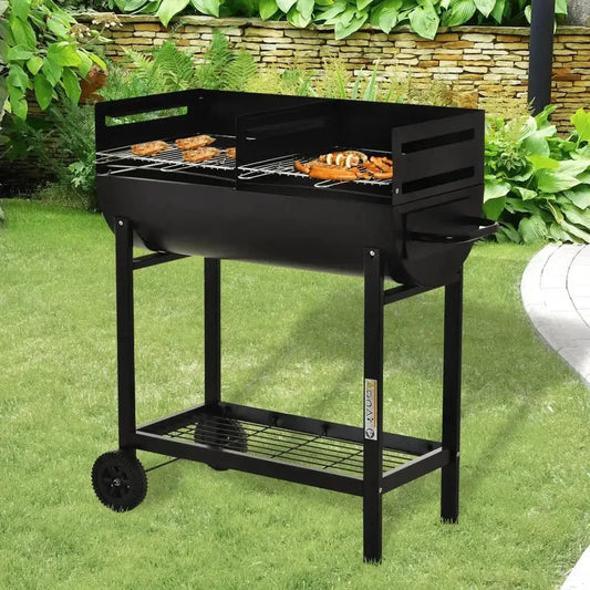 Outsunny Steel 2 - Grill Charcoal BBQ w/ Wheels Black 846 - 049 - Garden & Outdoor