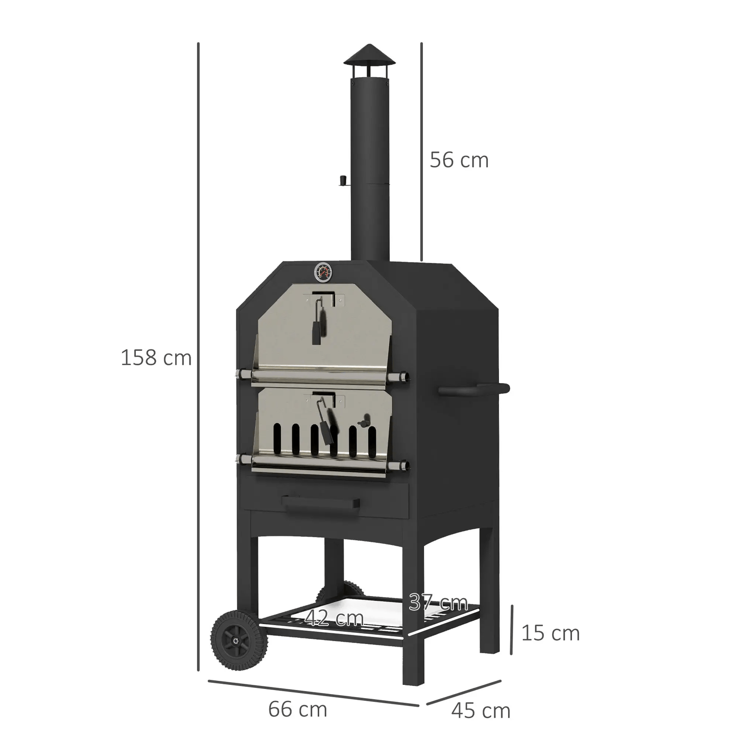 Outsunny steel 3-tier black outdoor pizza oven with stainless steel door chimney and wheeled stand for charcoal grilling