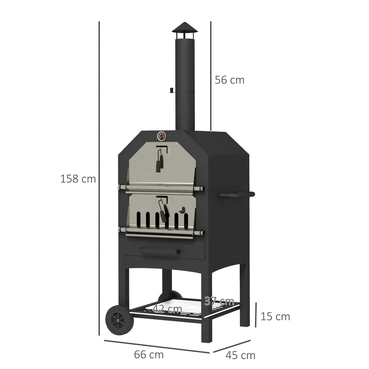Outsunny steel 3-tier black outdoor pizza oven with stainless steel door and chimney on wheeled stand for charcoal grilling