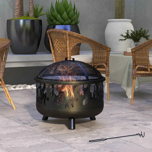 Outsunny Steel Fire Pit BBQ, with Poker - Black | 842-169V01BK