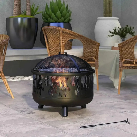Black metal Outsunny steel fire pit with decorative cut-out patterns mesh lid and poker for outdoor BBQ use