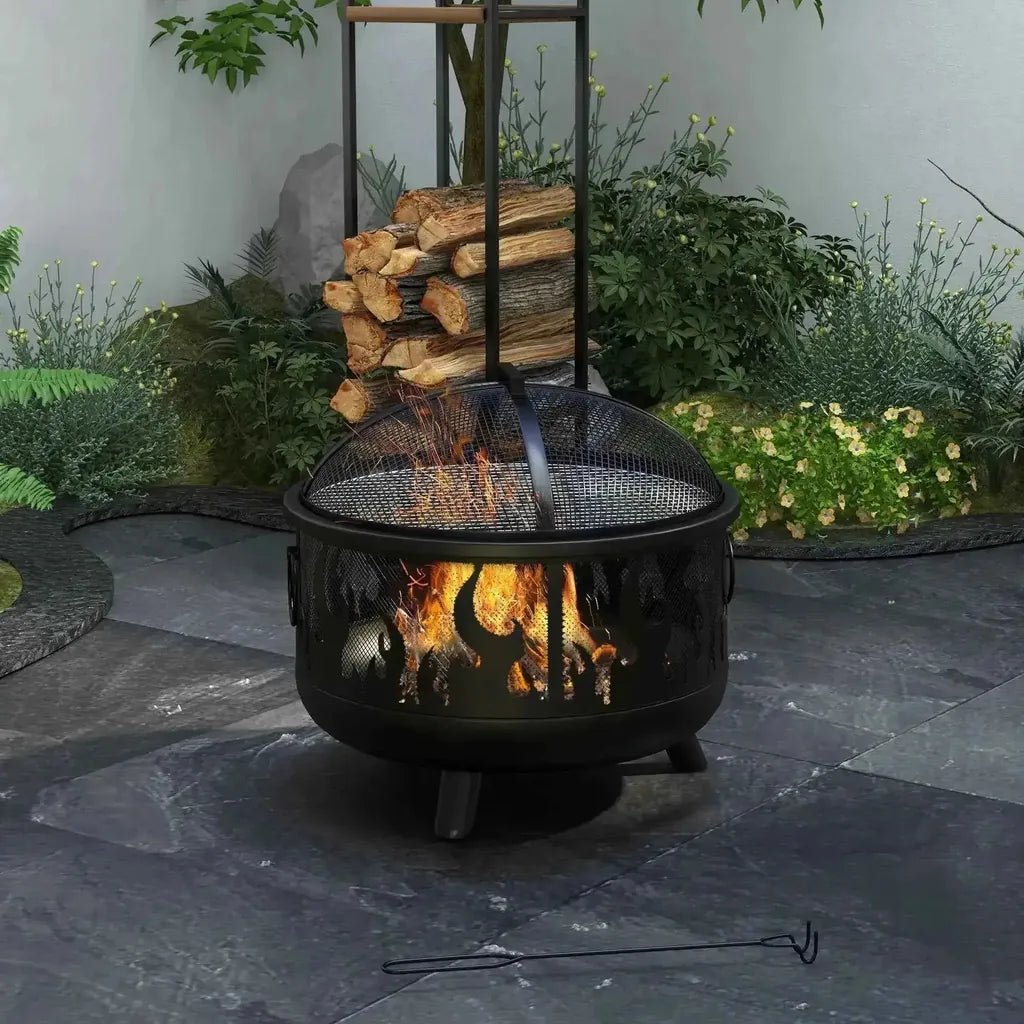 Outsunny black steel fire pit with flame design and mesh top includes poker for outdoor bbq use