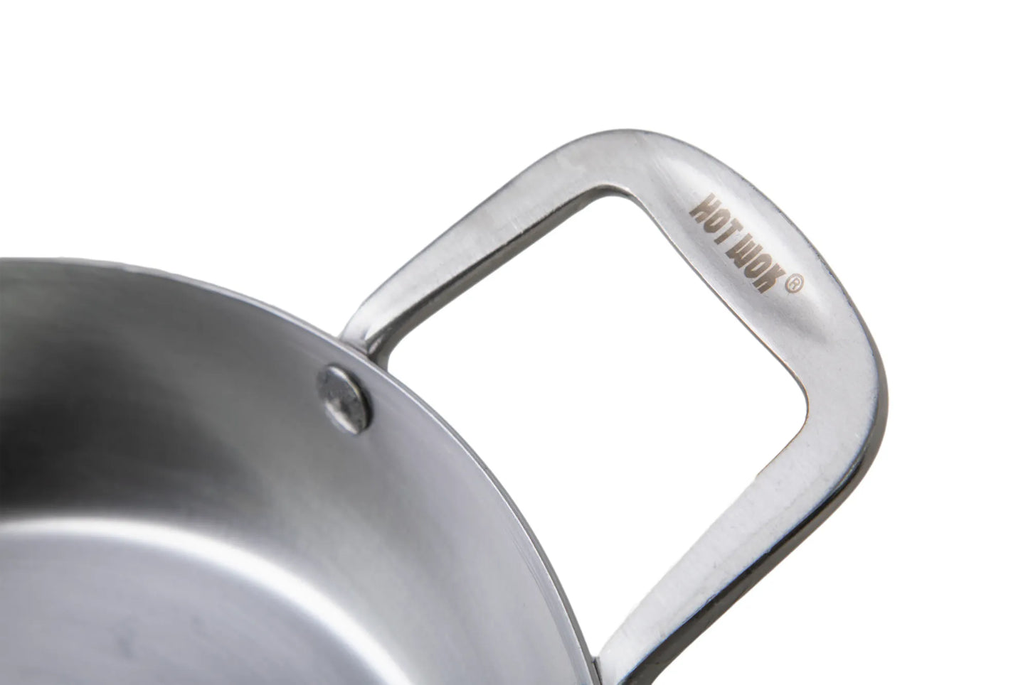 Stainless steel handle of hot wok paella pan 30cm with sleek curved design and hot duk brand engraving