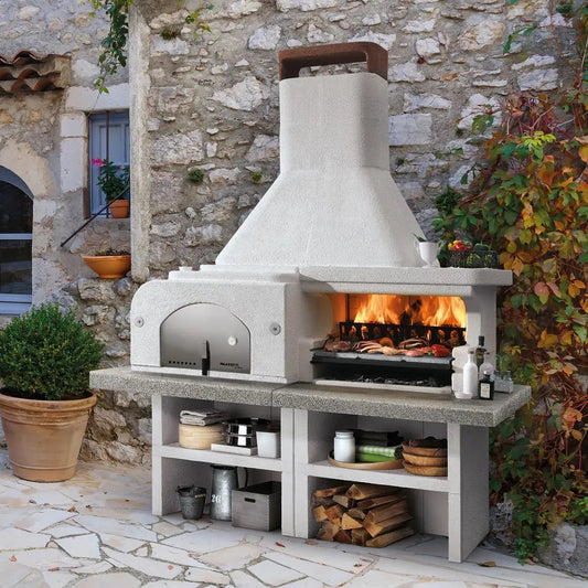 Palazzetti Gargano 3 masonry barbecue with stone wood-fired oven, stainless steel door, wooden handle, and integrated grill