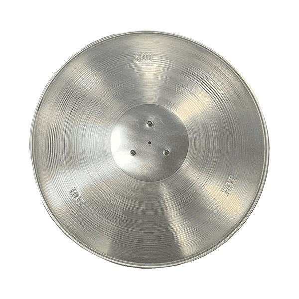 Sirocco tabletop patio heater LFS805 with a shiny metallic cymbal featuring a brushed finish and concentric ridges