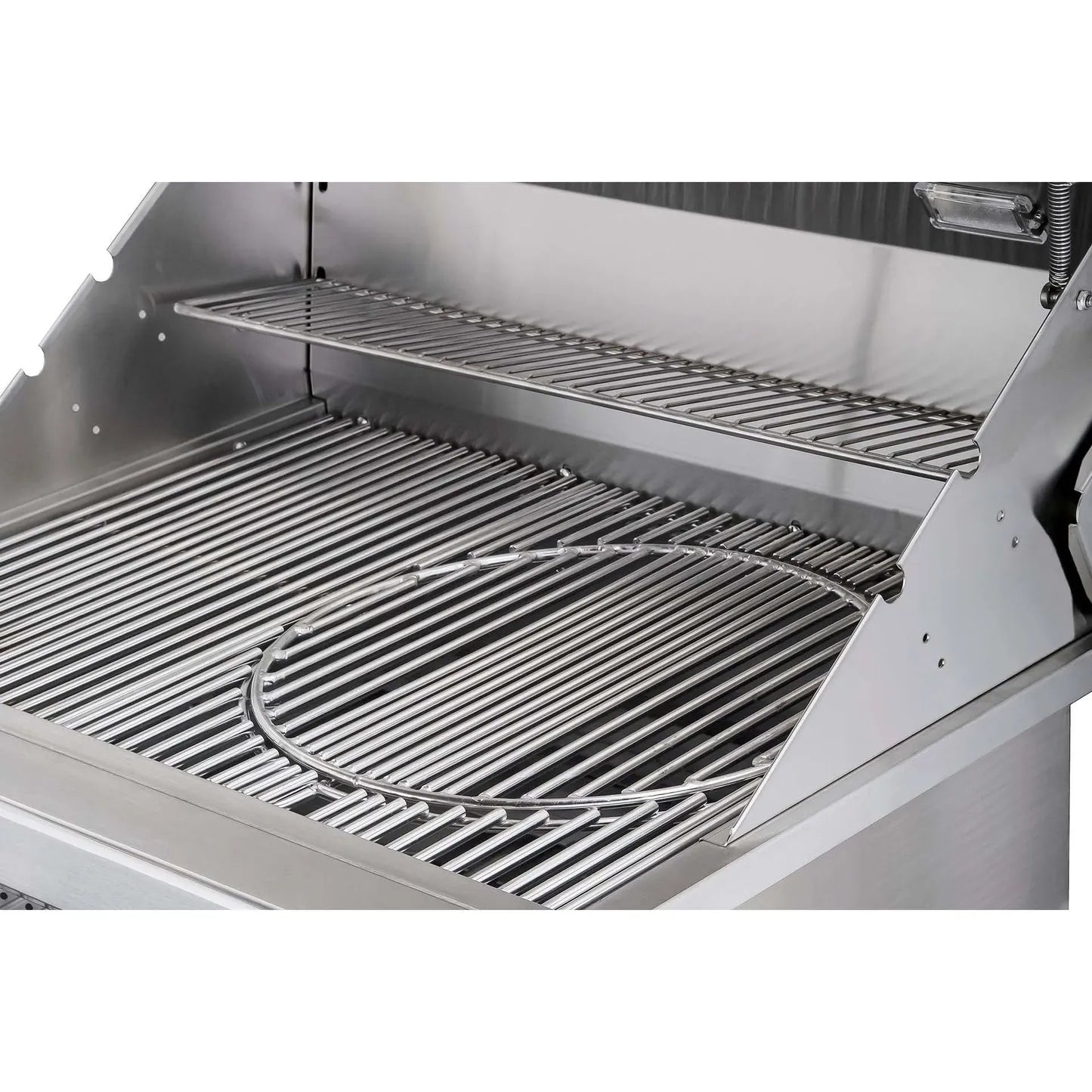 Stainless steel grill grates with circular burner grate and upper shelf on sunstone 30 inch charcoal wood hybrid grill