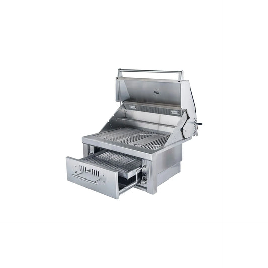 Stainless steel sunstone 30 inch charcoal and wood hybrid single zone grill with built-in drawer and side control knobs